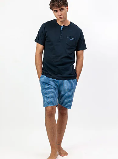 Admas pánské bavlněné pyžamo modré - tmavě modrá