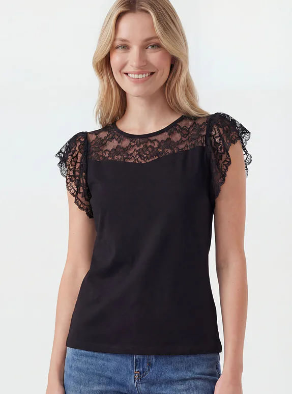 Kalimo viskózové tričko s krajkou černé - černá