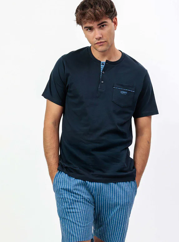 Admas pánské bavlněné pyžamo modré - tmavě modrá
