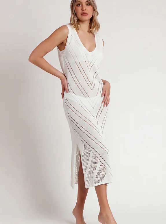 Admas háčkované dlouhé šaty bílé - bílá